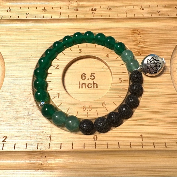 Green Aventurine and Natural Black Lava Beaded Bracelet with Silver Lotus Charm - Picture 2 of 3